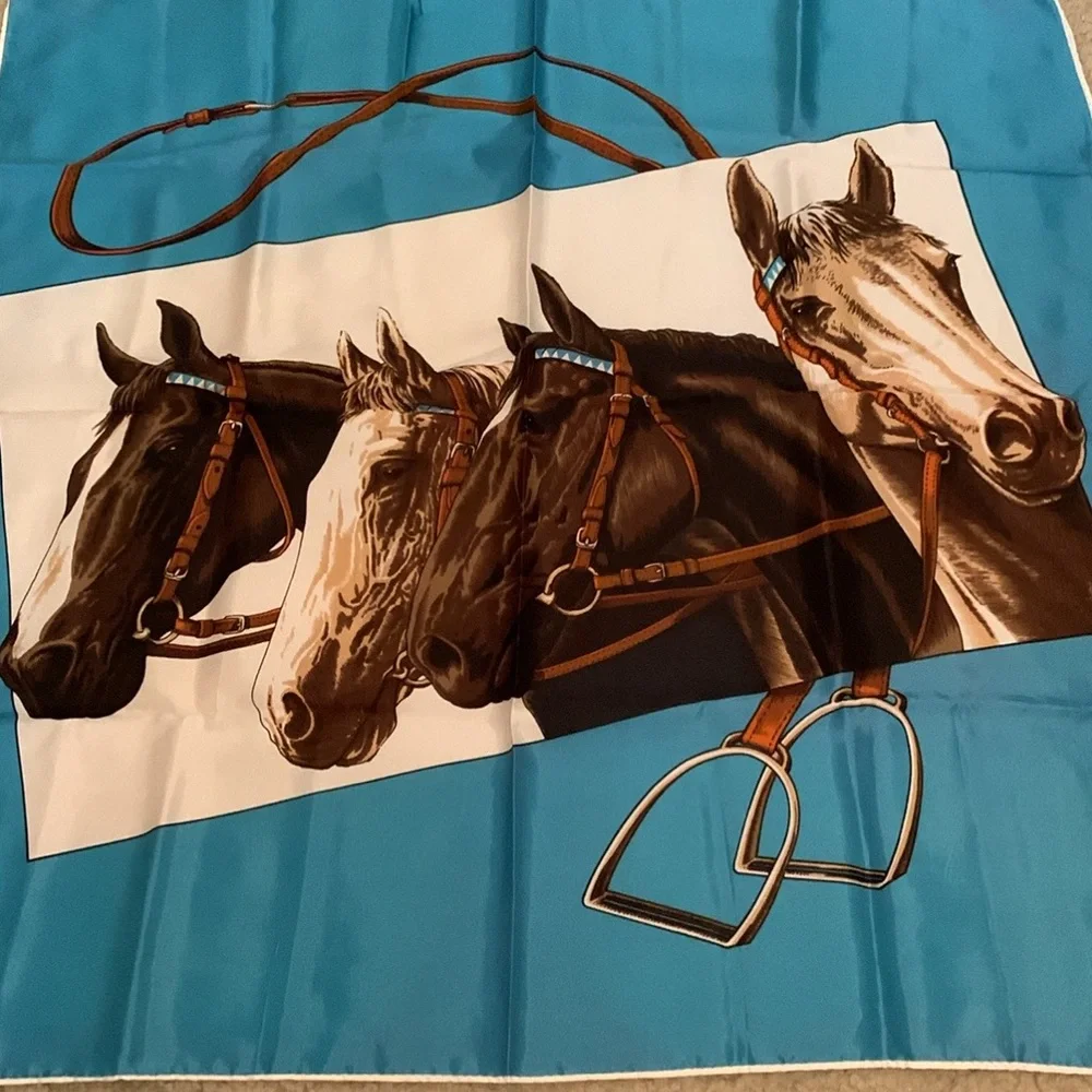 Equestrian Horse Scarf Neckerchief Hand Printed Made In Japan Western Blue Brown